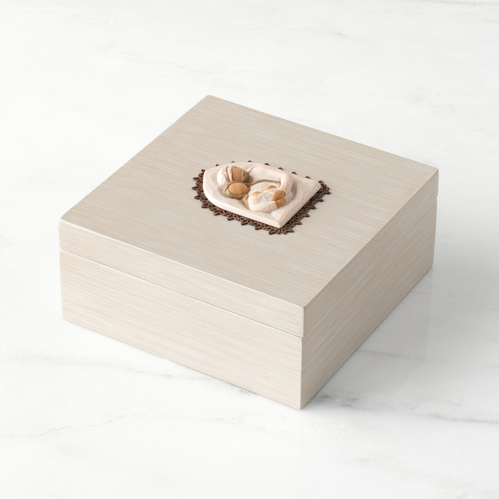 Side view: hand-painted cream square wood box, with hinged lid