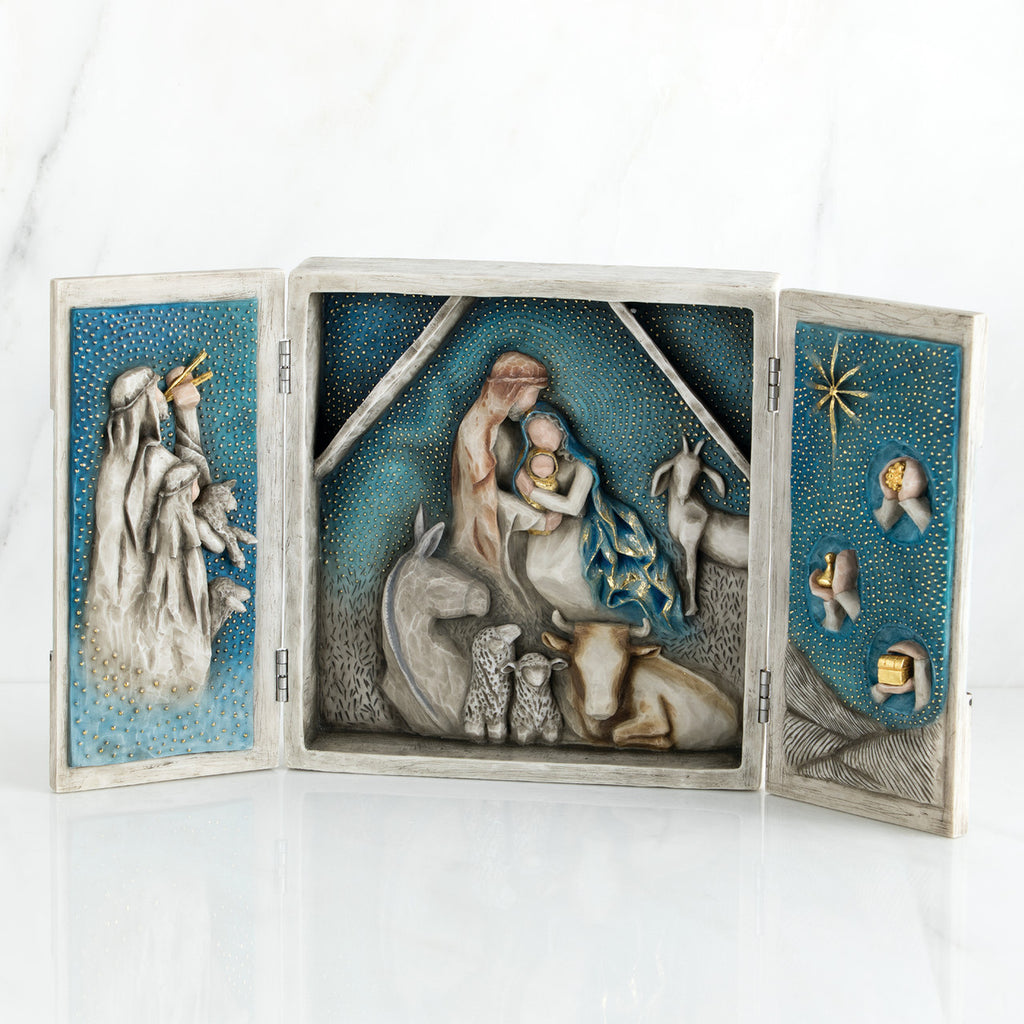 Open nativity scene book plaque - starry night background with images of figurines around manger scene