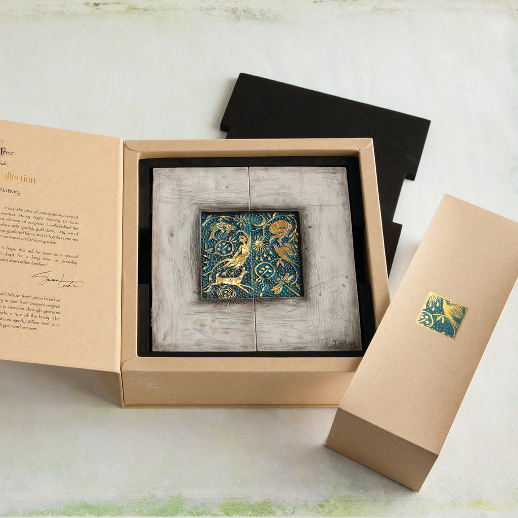 Willow Tree Starry Night Nativity, resin triptych with hinged doors, shown in open Signature Collection Box with enclosure card for gift-giving
