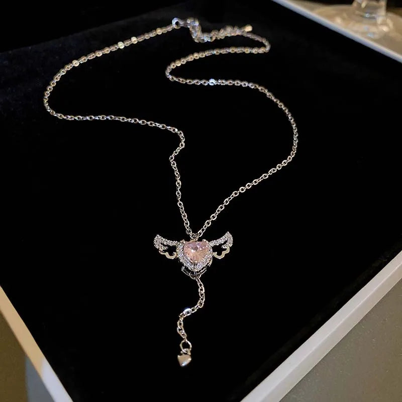 2024 New Pink Crystal Angel Wings Heart Pendant Necklace Set for Woman Minimalist Chain Chain Necklace Wedding Party Jewelry