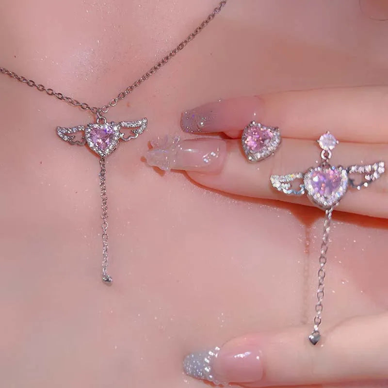 2024 New Pink Crystal Angel Wings Heart Pendant Necklace Set for Woman Minimalist Chain Chain Necklace Wedding Party Jewelry